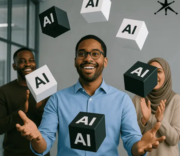 Explainable AI, AI Explainability, person juggling white and black boxes easily