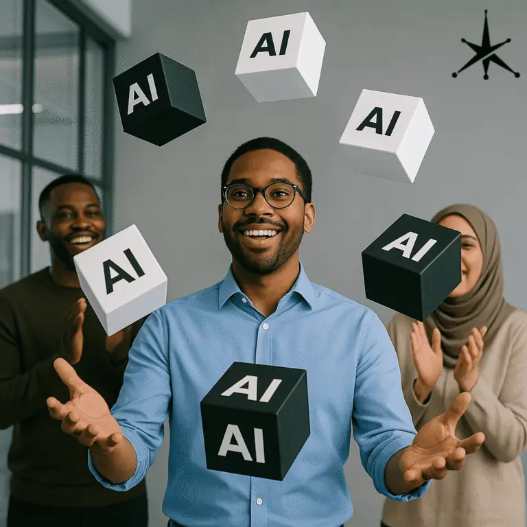 Explainable AI, AI Explainability, person juggling white and black boxes easily