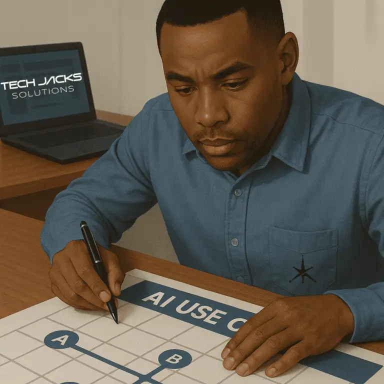 ai use case tracker image - person tracking at table over a document of AI use cases