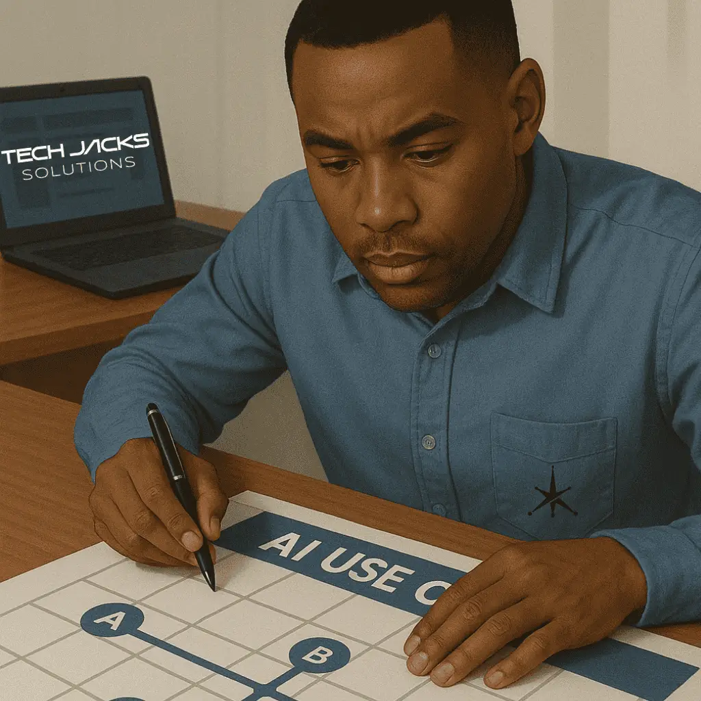 ai use case tracker image - person tracking at table over a document of AI use cases