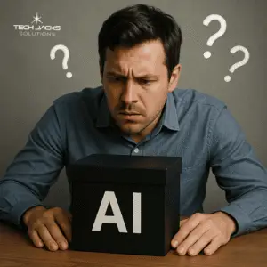 AI Explainability - Male looking into a black box with question marks hovering over the box. He looks confused.