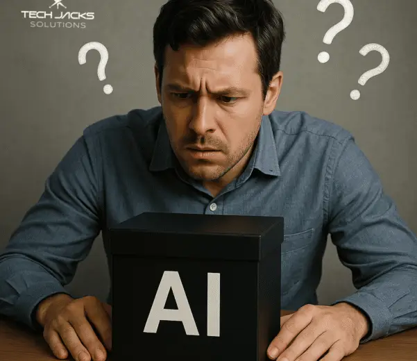 AI Explainability - Male looking into a black box with question marks hovering over the box. He looks confused.