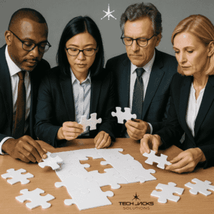 AI governance framework, c-suite staff putting together a puzzle
