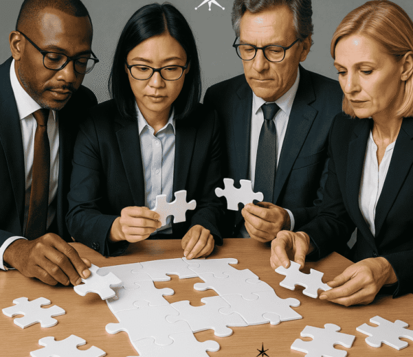 AI governance framework, c-suite staff putting together a puzzle