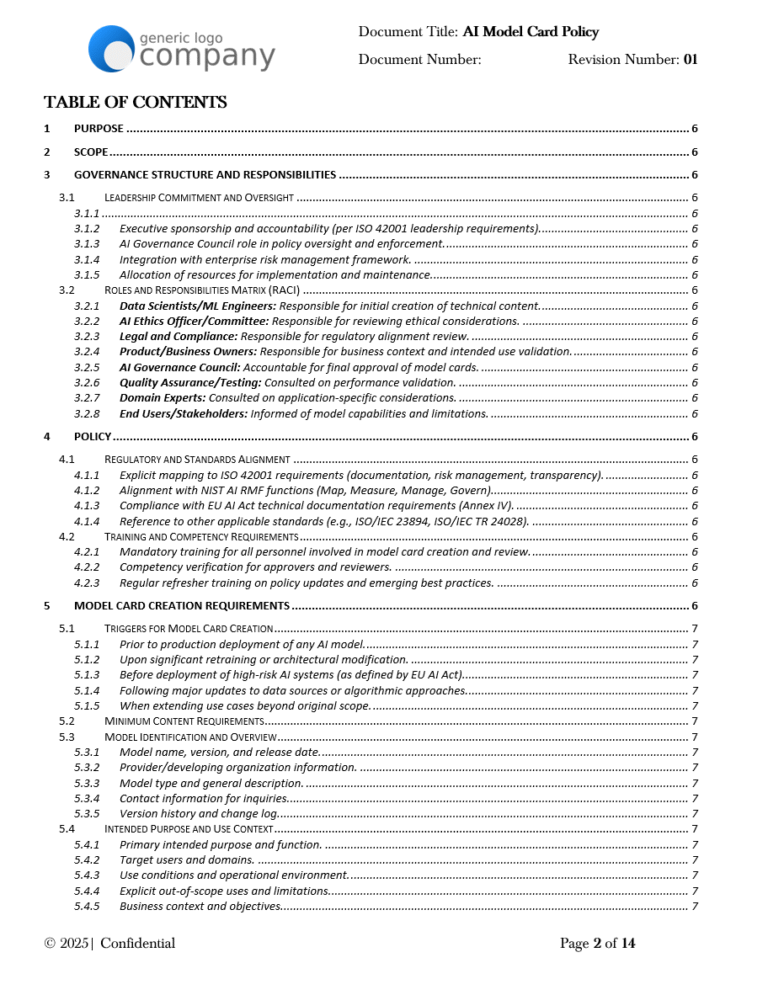 AI Model Card Policy Template