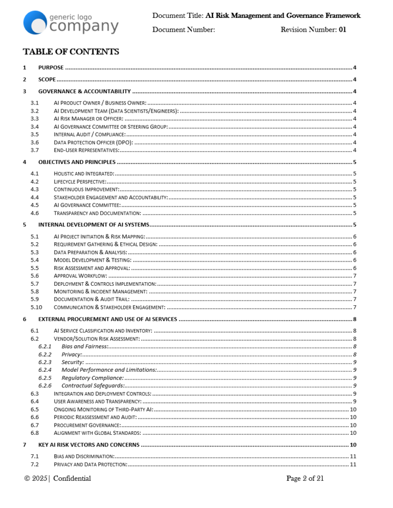 AI Risk Management and Governance Framework Template