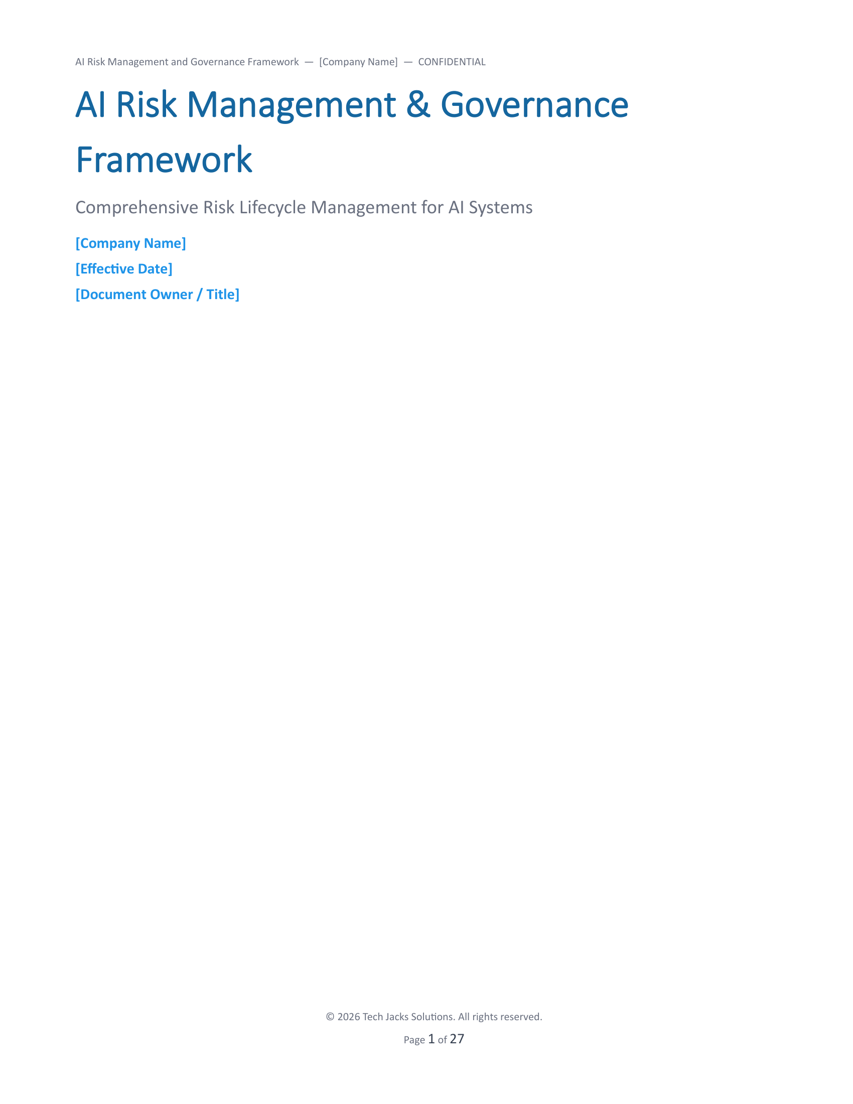 AI Risk Management and Governance Framework Template Cover Page